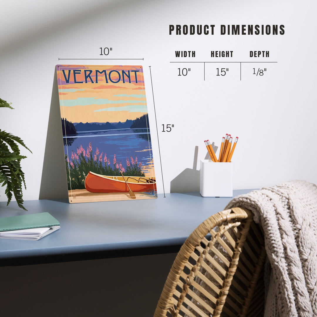 Vermont, Canoe and Lake, Lantern Press Artwork, Wood Signs and Postcards Wood Lantern Press