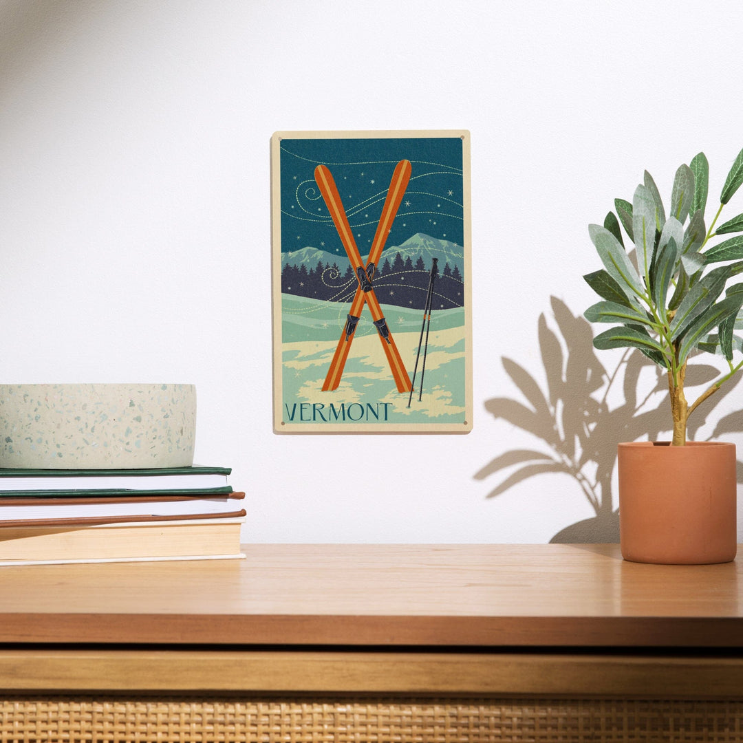 Vermont, Crossed Skis, Letterpress, Lantern Press Artwork, Wood Signs and Postcards Wood Lantern Press