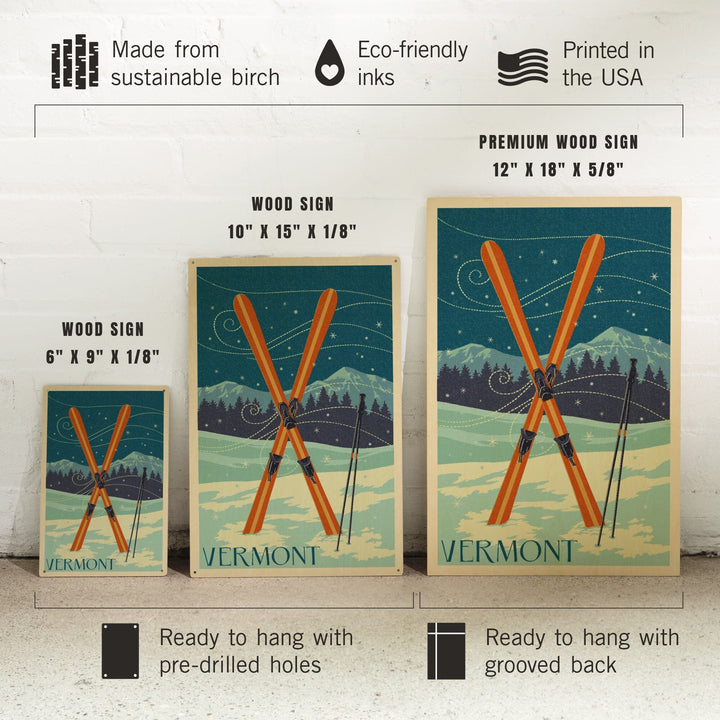 Vermont, Crossed Skis, Letterpress, Lantern Press Artwork, Wood Signs and Postcards Wood Lantern Press