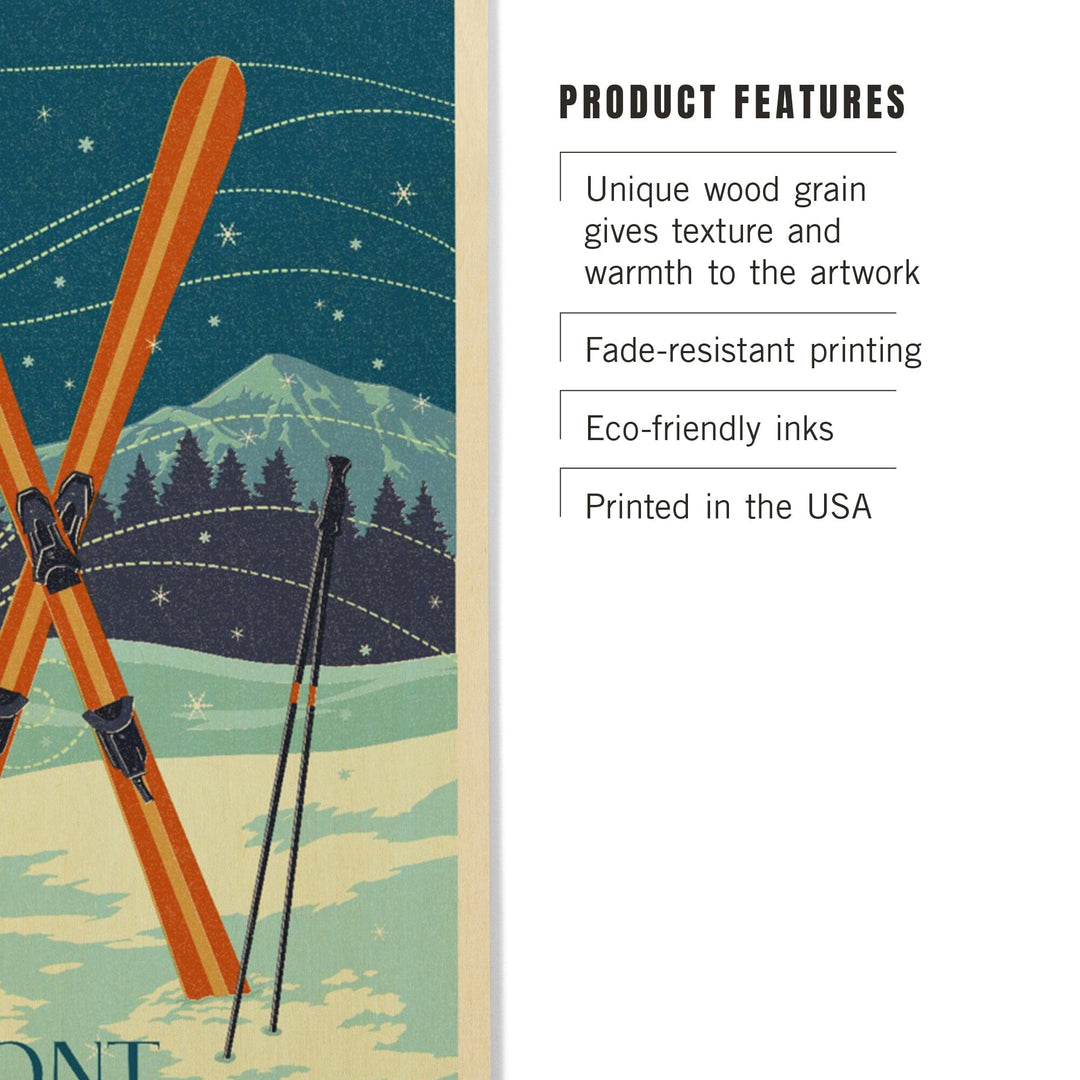 Vermont, Crossed Skis, Letterpress, Lantern Press Artwork, Wood Signs and Postcards Wood Lantern Press