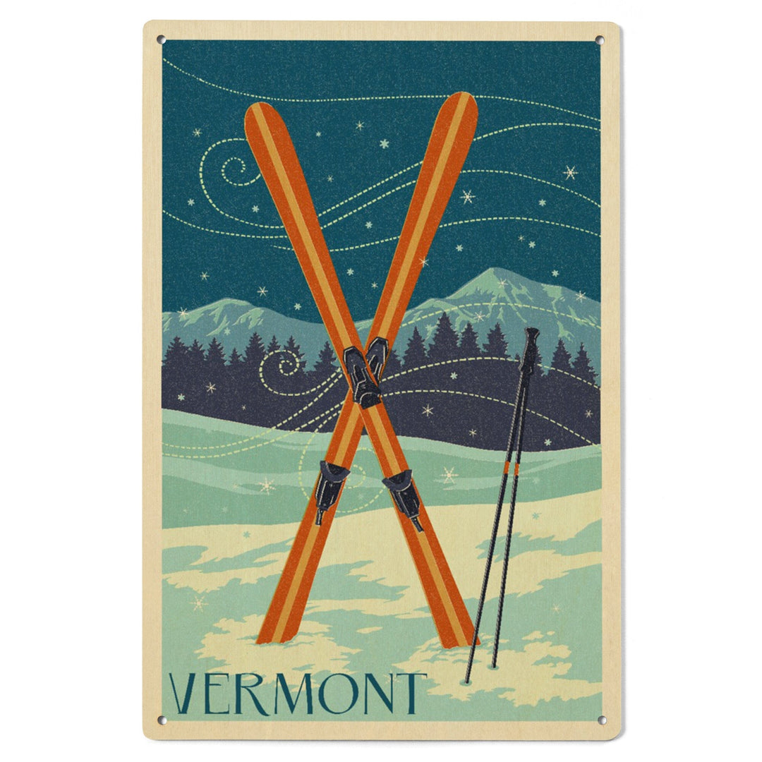 Vermont, Crossed Skis, Letterpress, Lantern Press Artwork, Wood Signs and Postcards Wood Lantern Press