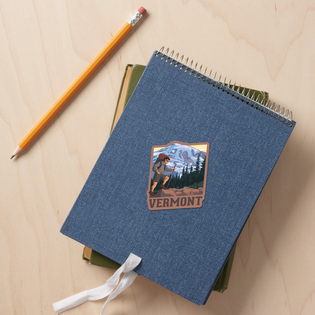 Vermont, Hiker & Mountain Scene, Contour, Lantern Press Artwork, Vinyl Sticker Sticker Lantern Press