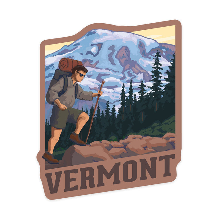 Vermont, Hiker & Mountain Scene, Contour, Lantern Press Artwork, Vinyl Sticker Sticker Lantern Press