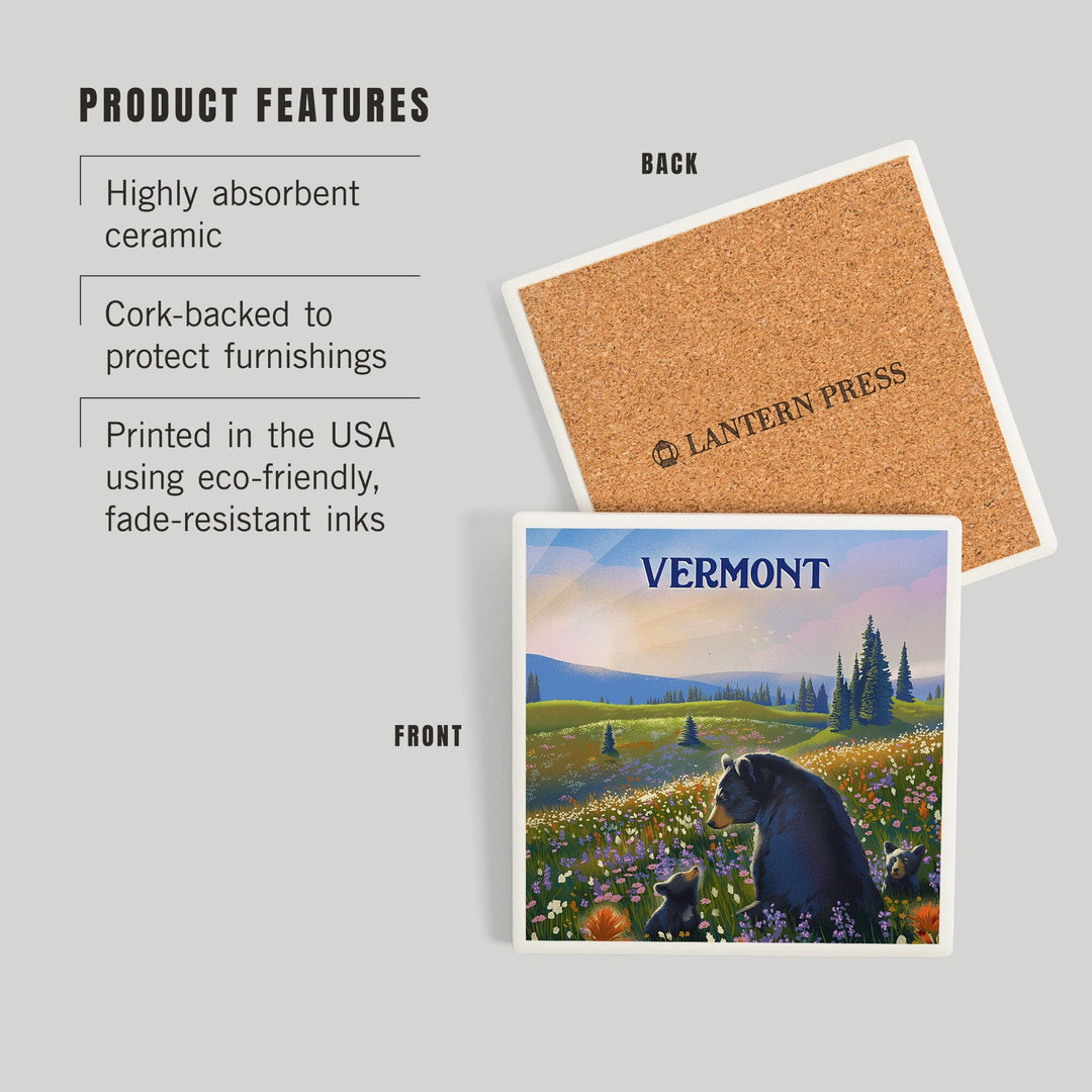 Vermont, Lithograph, Bear Family in Field, Coasters Coasters Lantern Press