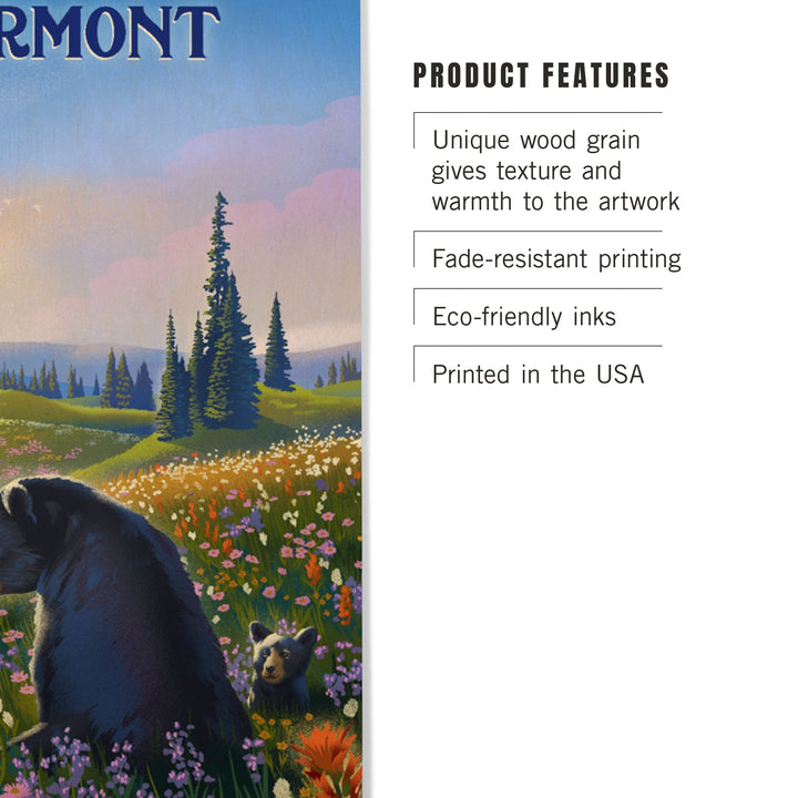 Vermont, Lithograph, Bear Family in Field, Wood Signs and Postcards Wood Lantern Press