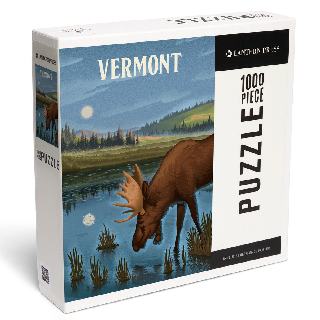 Vermont, Lithograph, Reflection Pond and Bull Moose, Jigsaw Puzzle Puzzle Lantern Press