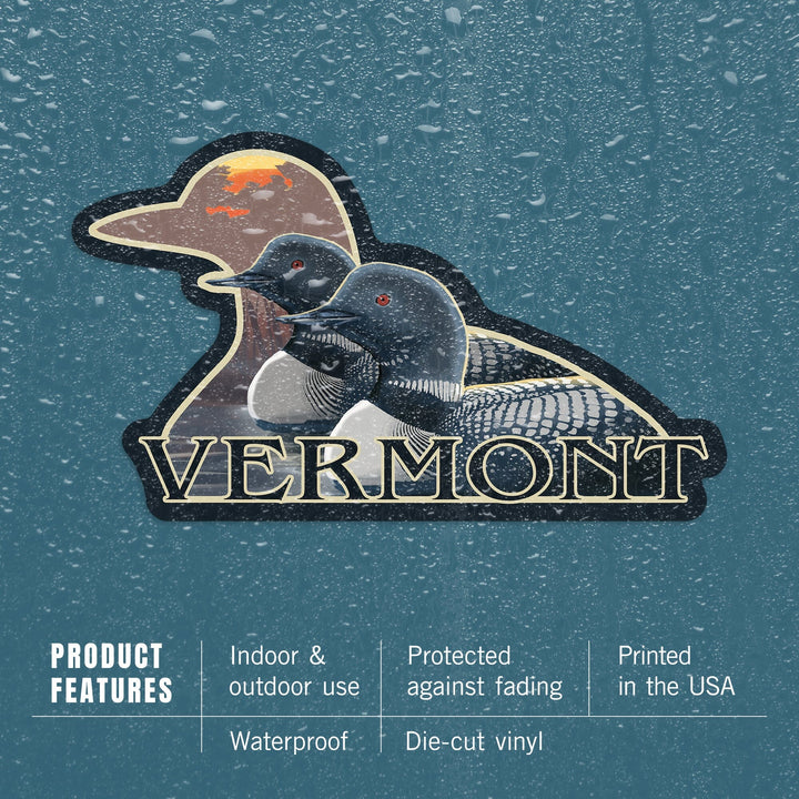Vermont, Loons at Sunset, Contour, Lantern Press Artwork, Vinyl Sticker Sticker Lantern Press