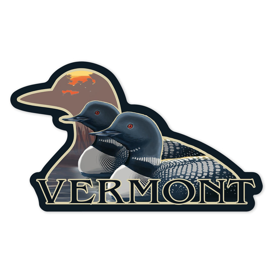 Vermont, Loons at Sunset, Contour, Lantern Press Artwork, Vinyl Sticker Sticker Lantern Press