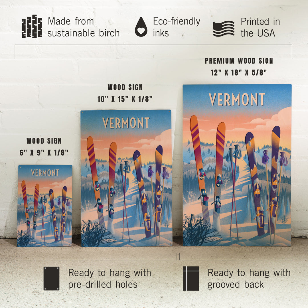 Vermont, Prepare for Takeoff, Skis in Snowbank, Wood Signs and Postcards Wood Lantern Press