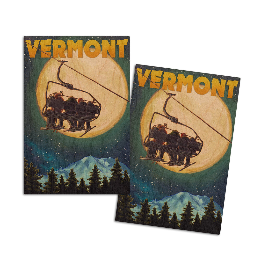 Vermont, Ski Lift & Full Moon, Lantern Press Artwork, Wood Signs and Postcards Wood Lantern Press 4x6 Wood Postcard Set