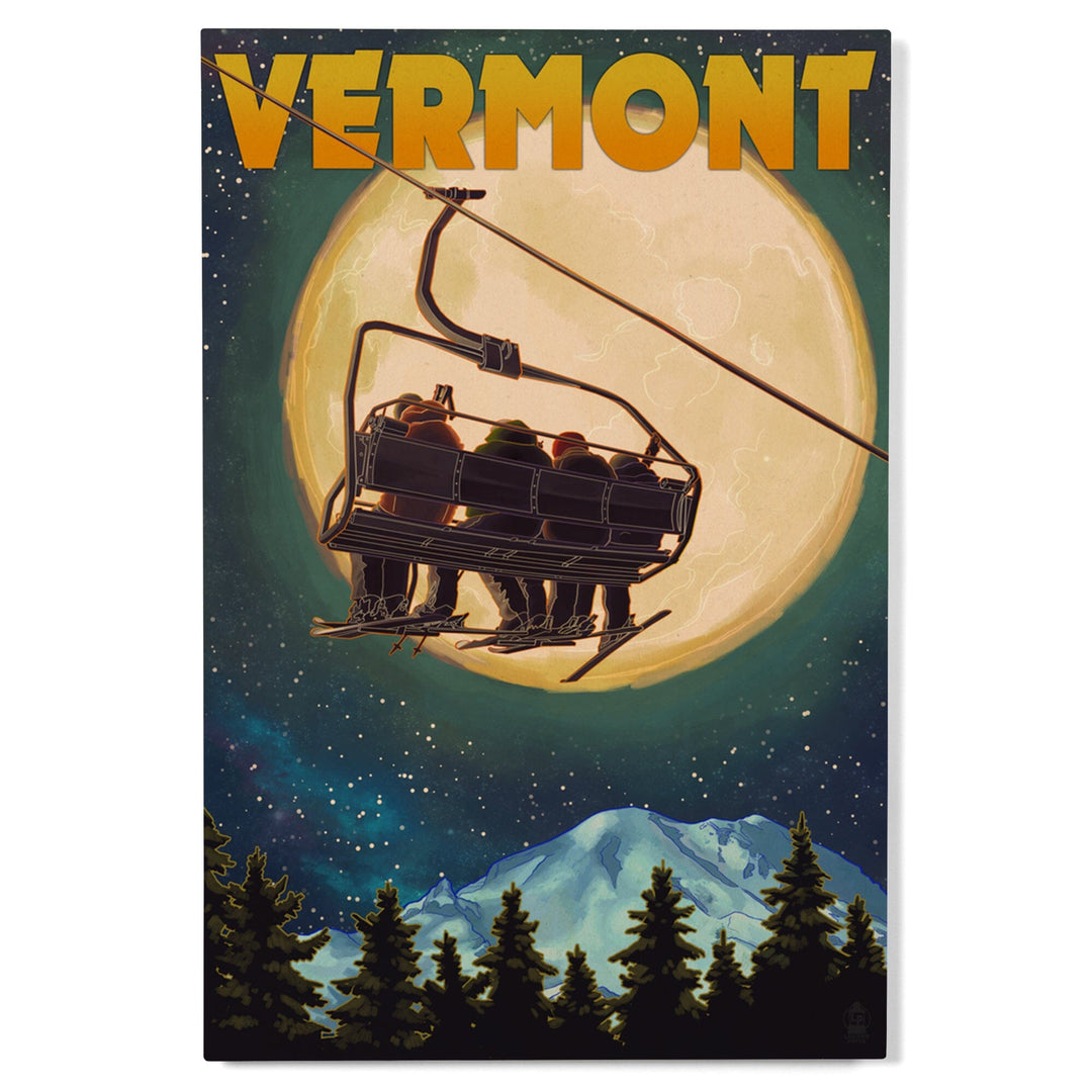 Vermont, Ski Lift & Full Moon, Lantern Press Artwork, Wood Signs and Postcards Wood Lantern Press