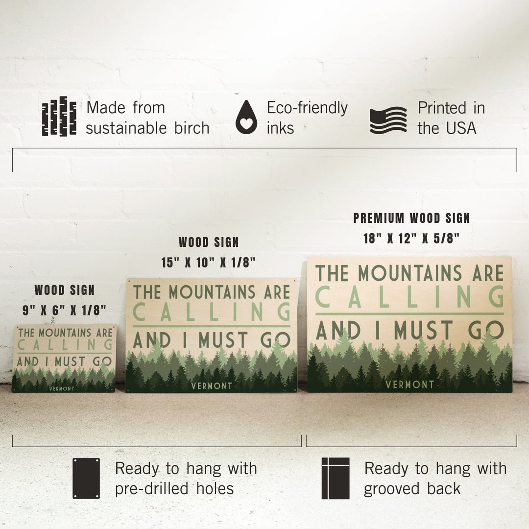 Vermont, The Mountains Are Calling, Pine Trees, Lantern Press Artwork, Wood Signs and Postcards Wood Lantern Press