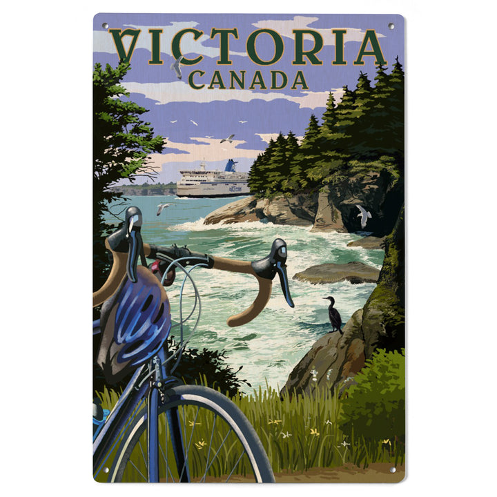 Victoria, Canada, Painterly, Coastal Scene, Bike and Ferry, Wood Signs and Postcards Wood Lantern Press