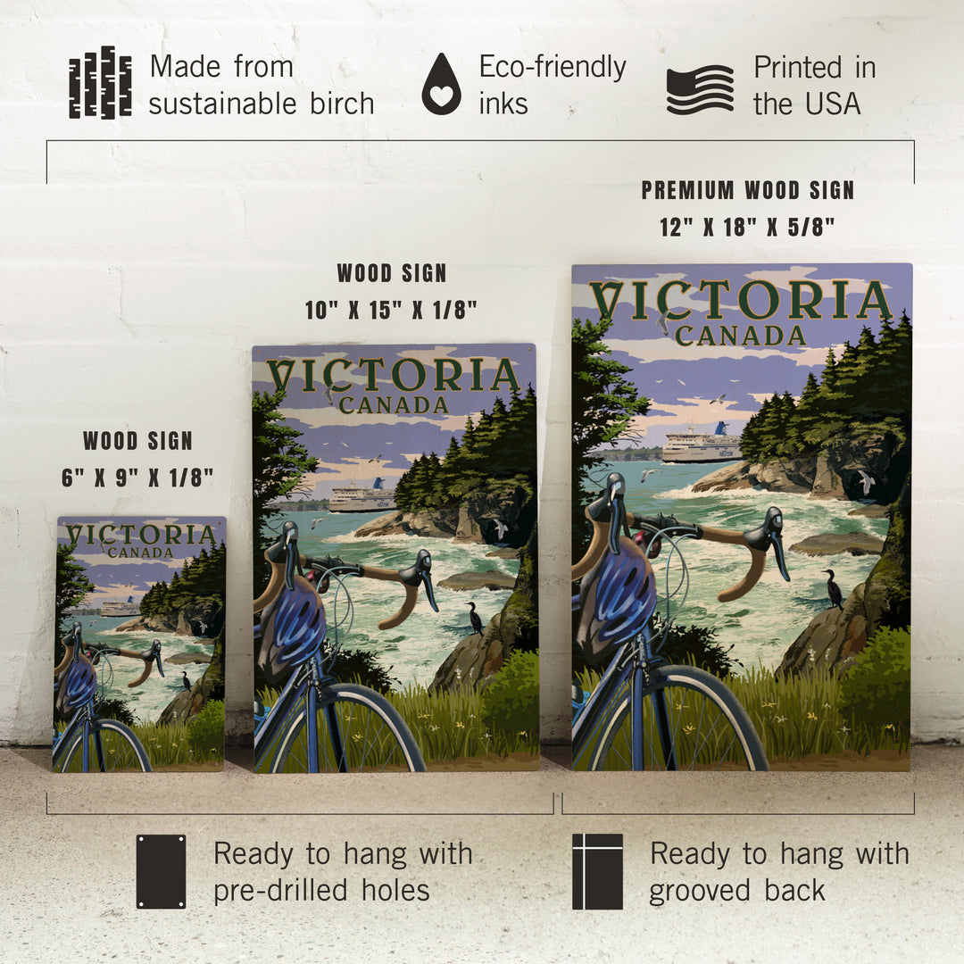 Victoria, Canada, Painterly, Coastal Scene, Bike and Ferry, Wood Signs and Postcards Wood Lantern Press