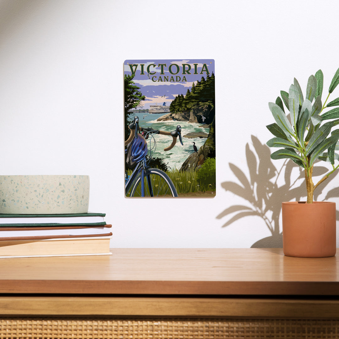 Victoria, Canada, Painterly, Coastal Scene, Bike and Ferry, Wood Signs and Postcards Wood Lantern Press