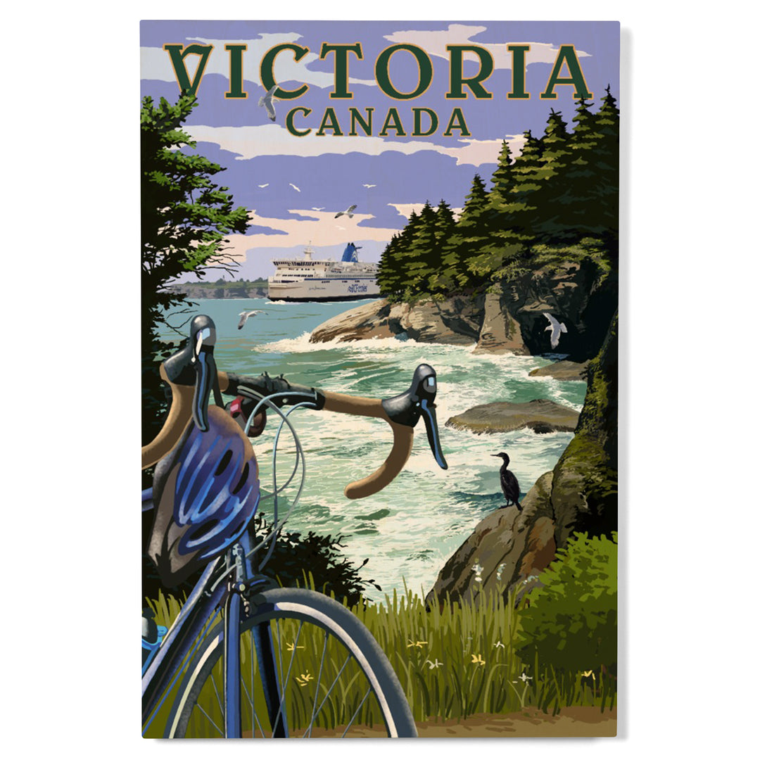 Victoria, Canada, Painterly, Coastal Scene, Bike and Ferry, Wood Signs and Postcards Wood Lantern Press