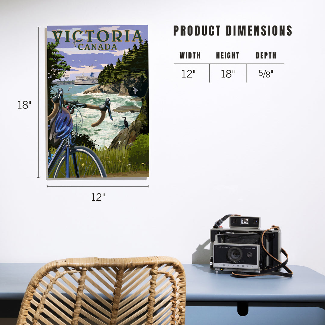 Victoria, Canada, Painterly, Coastal Scene, Bike and Ferry, Wood Signs and Postcards Wood Lantern Press