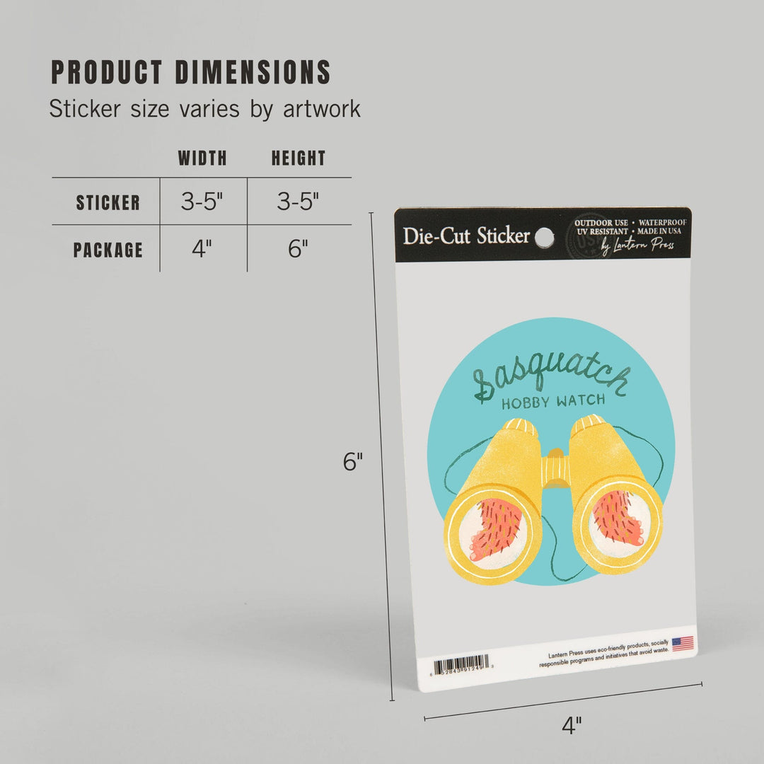 Vintage Summer Series, Sasquatch Hobby Watch Binoculars, Contour, Vinyl Sticker Sticker Lantern Press
