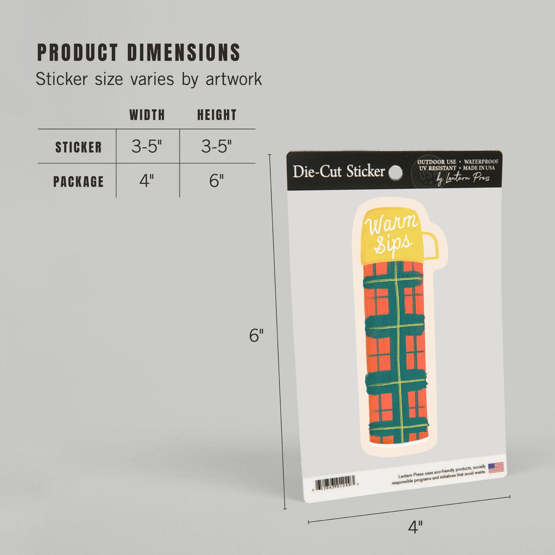 Vintage Summer Series, Warm Sips Thermos, Contour, Vinyl Sticker Sticker Lantern Press