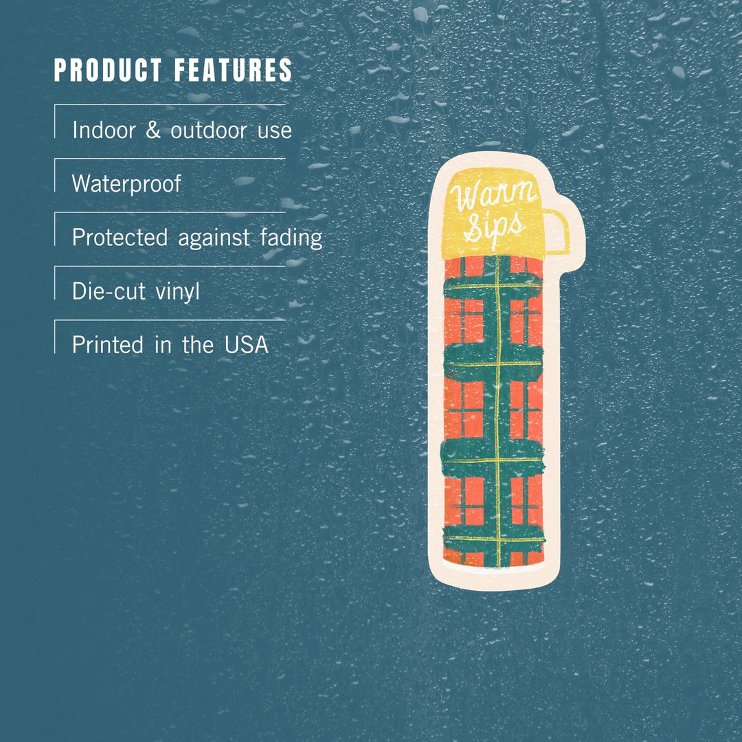 Vintage Summer Series, Warm Sips Thermos, Contour, Vinyl Sticker Sticker Lantern Press