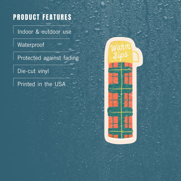 Vintage Summer Series, Warm Sips Thermos, Contour, Vinyl Sticker Sticker Lantern Press
