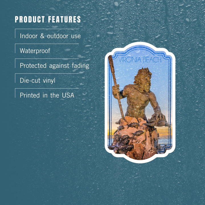 Virginia Beach, Virginia, King Neptune Statue, Contour, Vinyl Sticker Sticker Lantern Press