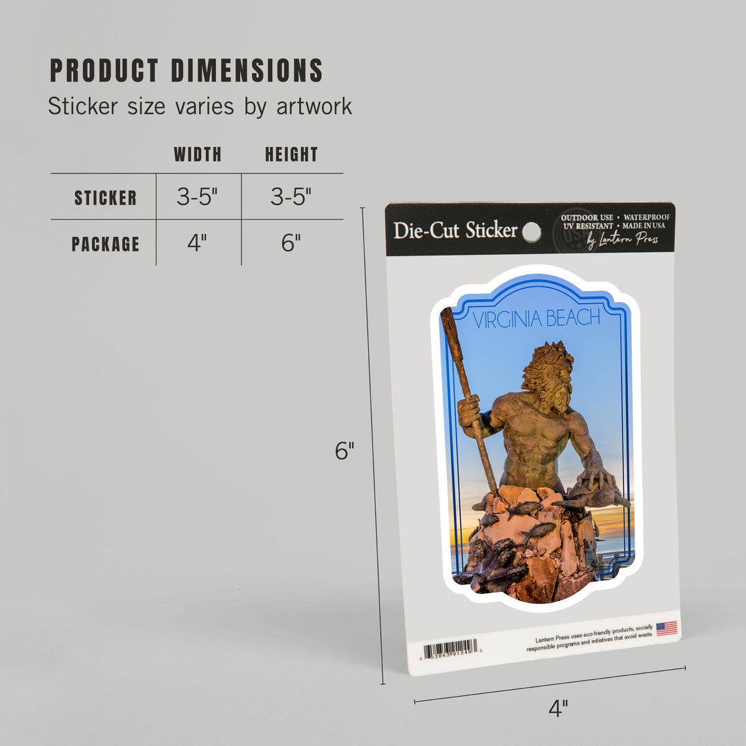 Virginia Beach, Virginia, King Neptune Statue, Contour, Vinyl Sticker Sticker Lantern Press