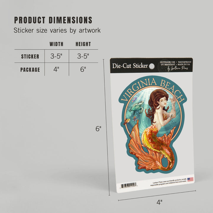 Virginia Beach, Virginia, Mermaid, Contour, Lantern Press Artwork, Vinyl Sticker Sticker Lantern Press