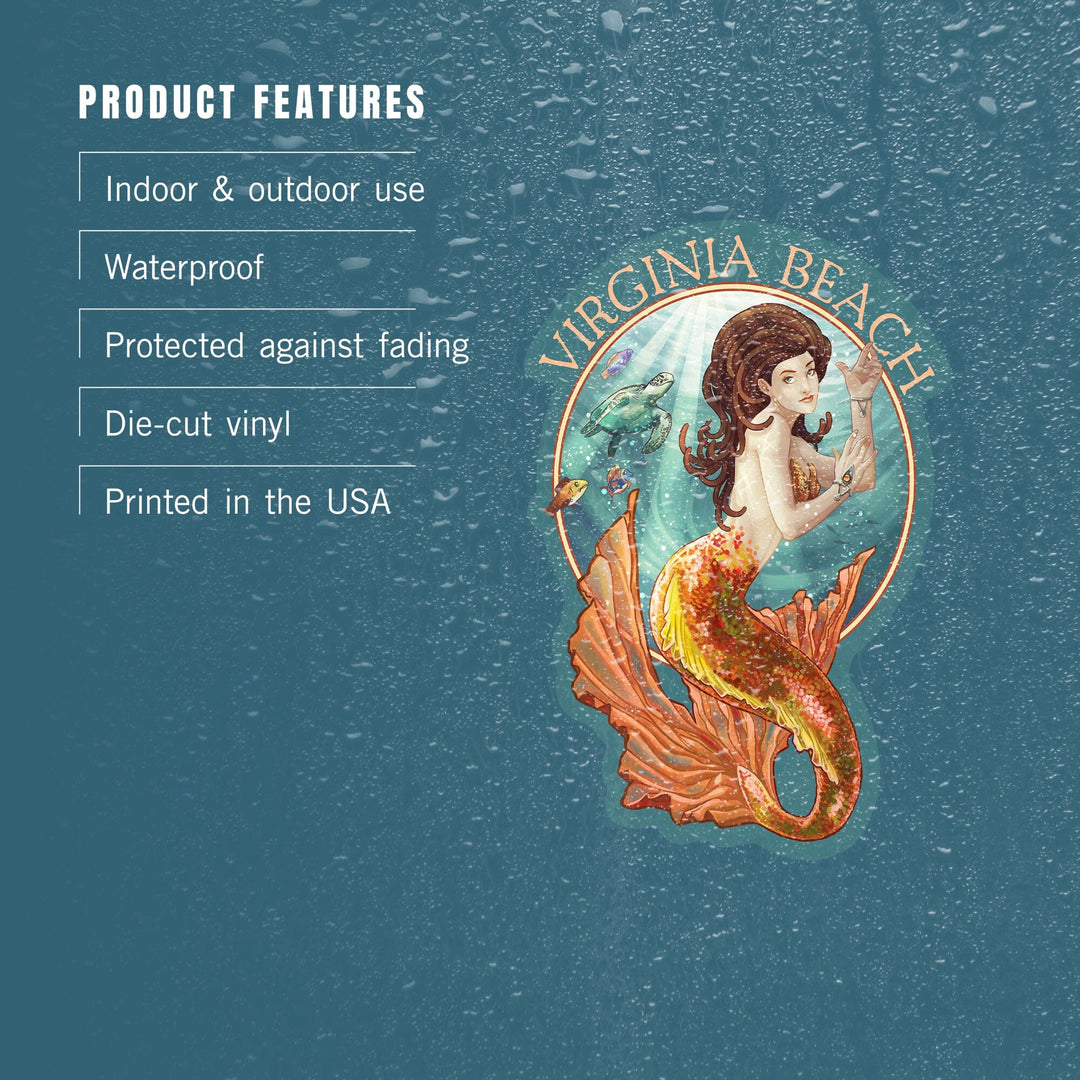 Virginia Beach, Virginia, Mermaid, Contour, Lantern Press Artwork, Vinyl Sticker Sticker Lantern Press