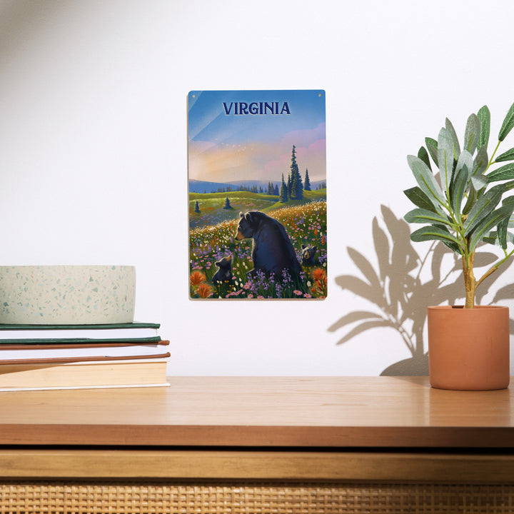 Virginia, Lithograph, Bear Family in Field, Wood Signs and Postcards Wood Lantern Press