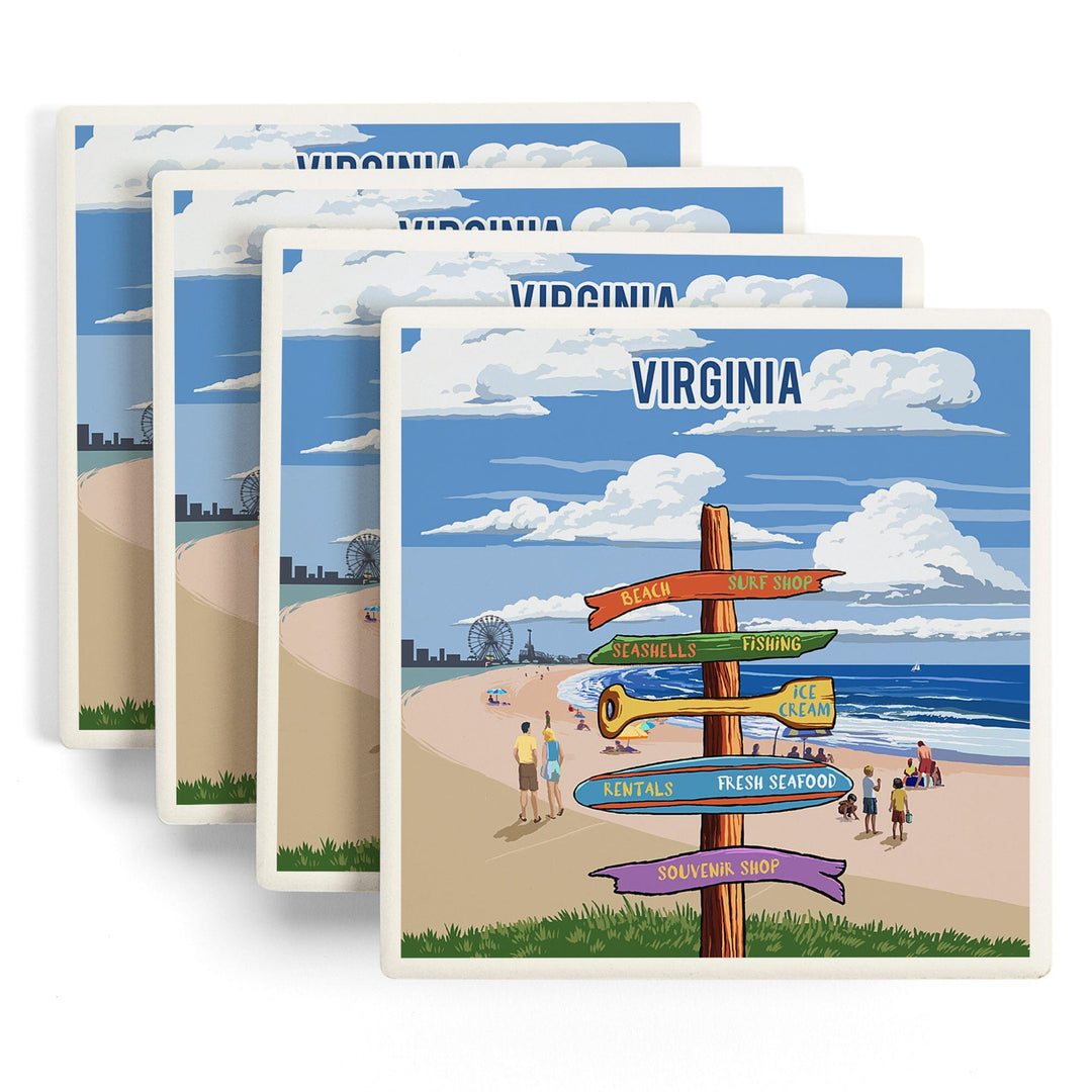 Virginia, Signpost, Coast Beach with Pier, Coasters Coasters Lantern Press
