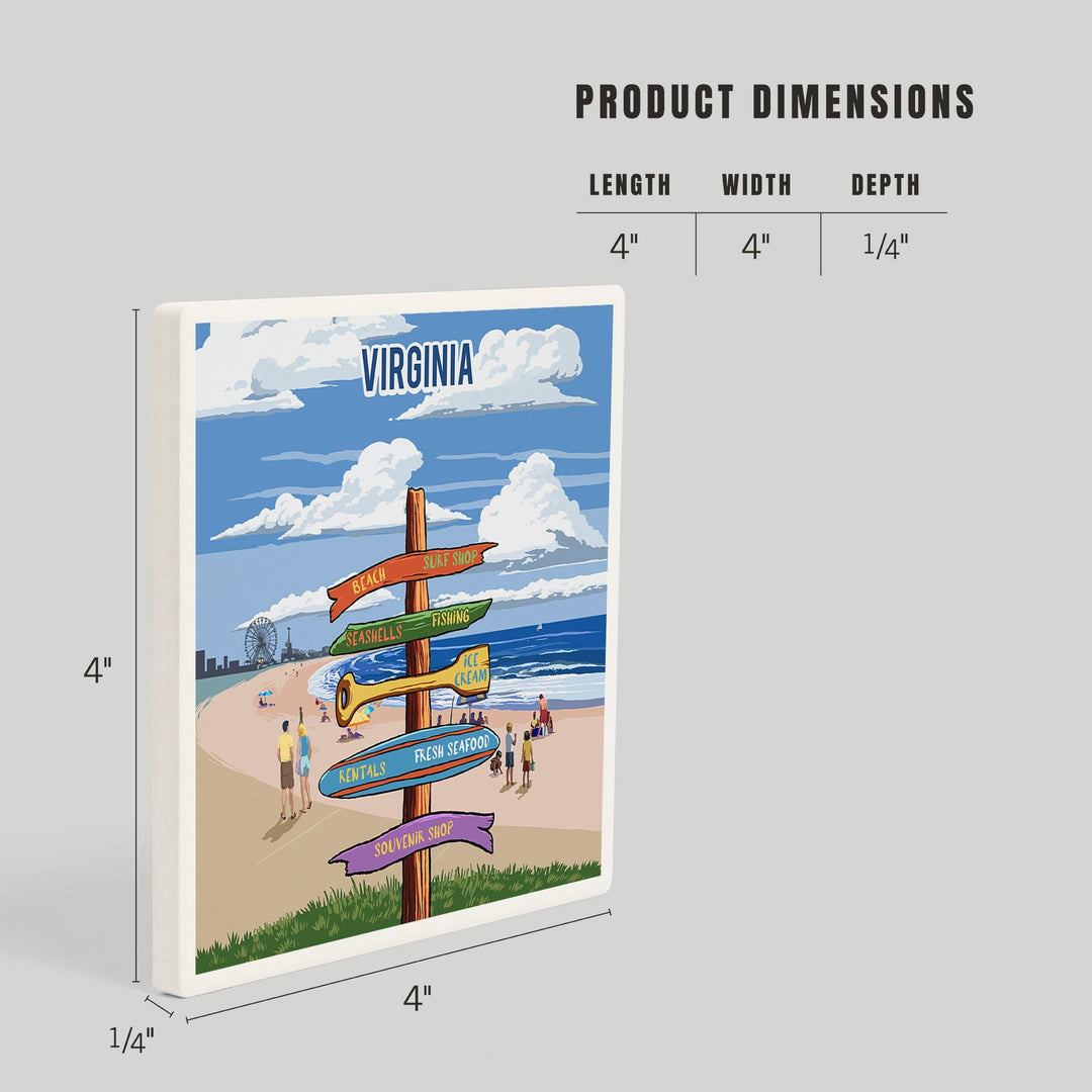 Virginia, Signpost, Coast Beach with Pier, Coasters Coasters Lantern Press