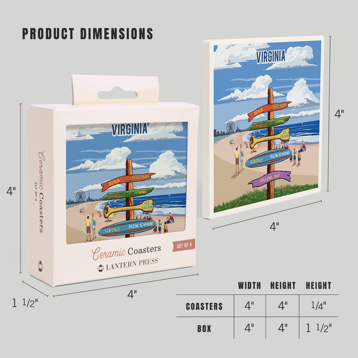 Virginia, Signpost, Coast Beach with Pier, Coasters Coasters Lantern Press