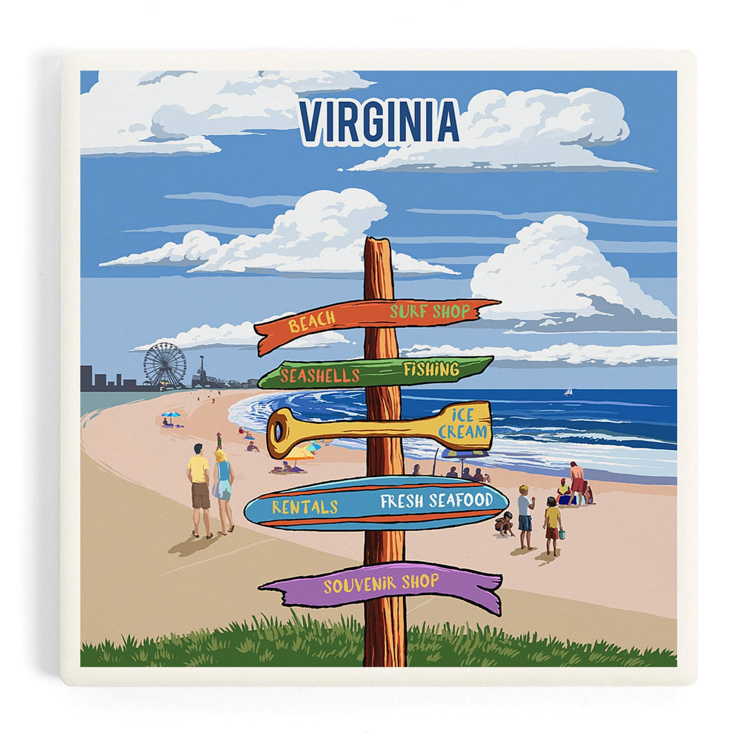 Virginia, Signpost, Coast Beach with Pier, Coasters Coasters Lantern Press Coaster