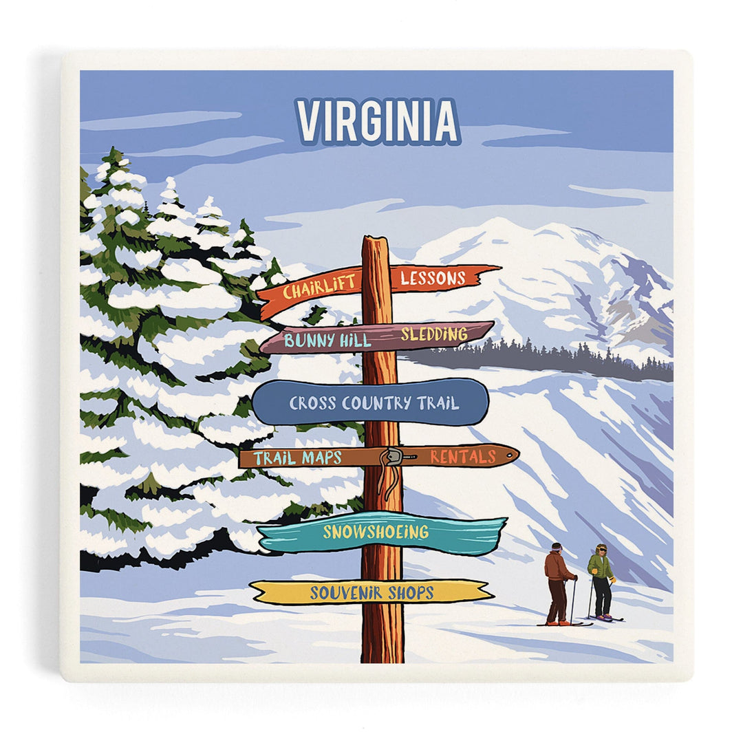 Virginia, Signpost, Ski and Snow, Coasters Coasters Lantern Press Coaster