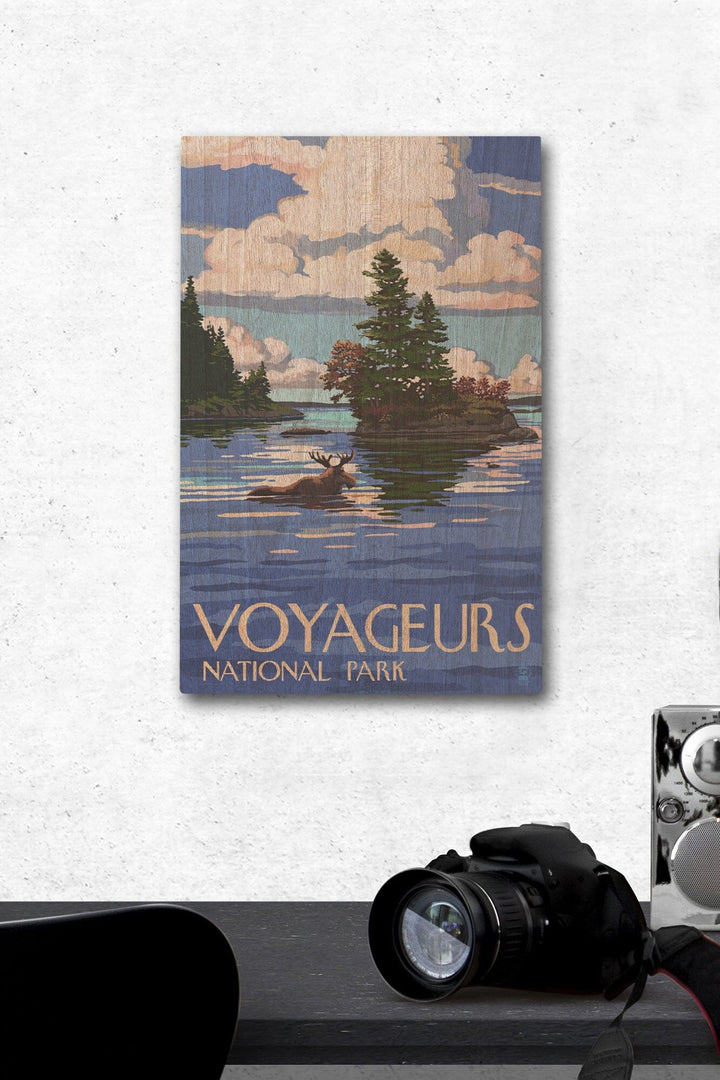 Voyageurs National Park, Minnesota, Moose Swimming, Lantern Press Artwork, Wood Signs and Postcards Wood Lantern Press 12 x 18 Wood Gallery Print