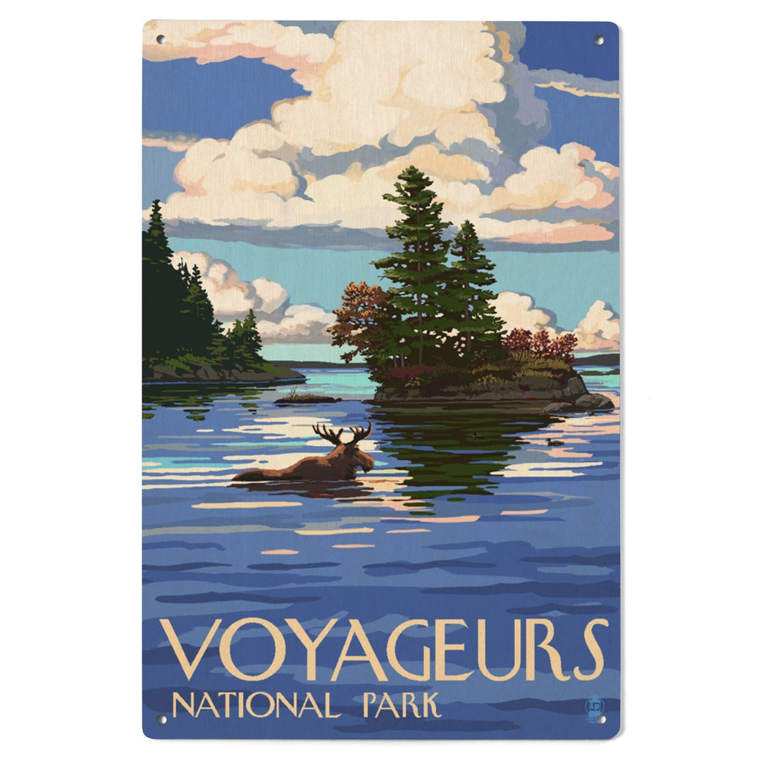 Voyageurs National Park, Minnesota, Moose Swimming, Lantern Press Artwork, Wood Signs and Postcards Wood Lantern Press