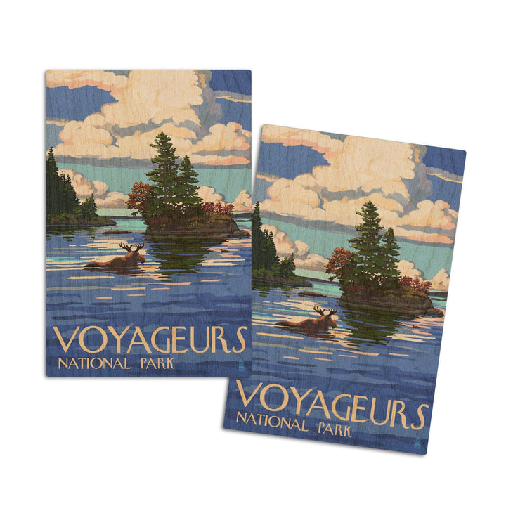 Voyageurs National Park, Minnesota, Moose Swimming, Lantern Press Artwork, Wood Signs and Postcards Wood Lantern Press 4x6 Wood Postcard Set