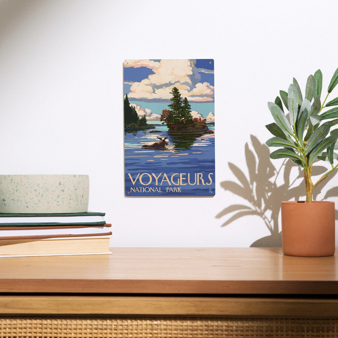 Voyageurs National Park, Minnesota, Moose Swimming, Lantern Press Artwork, Wood Signs and Postcards Wood Lantern Press