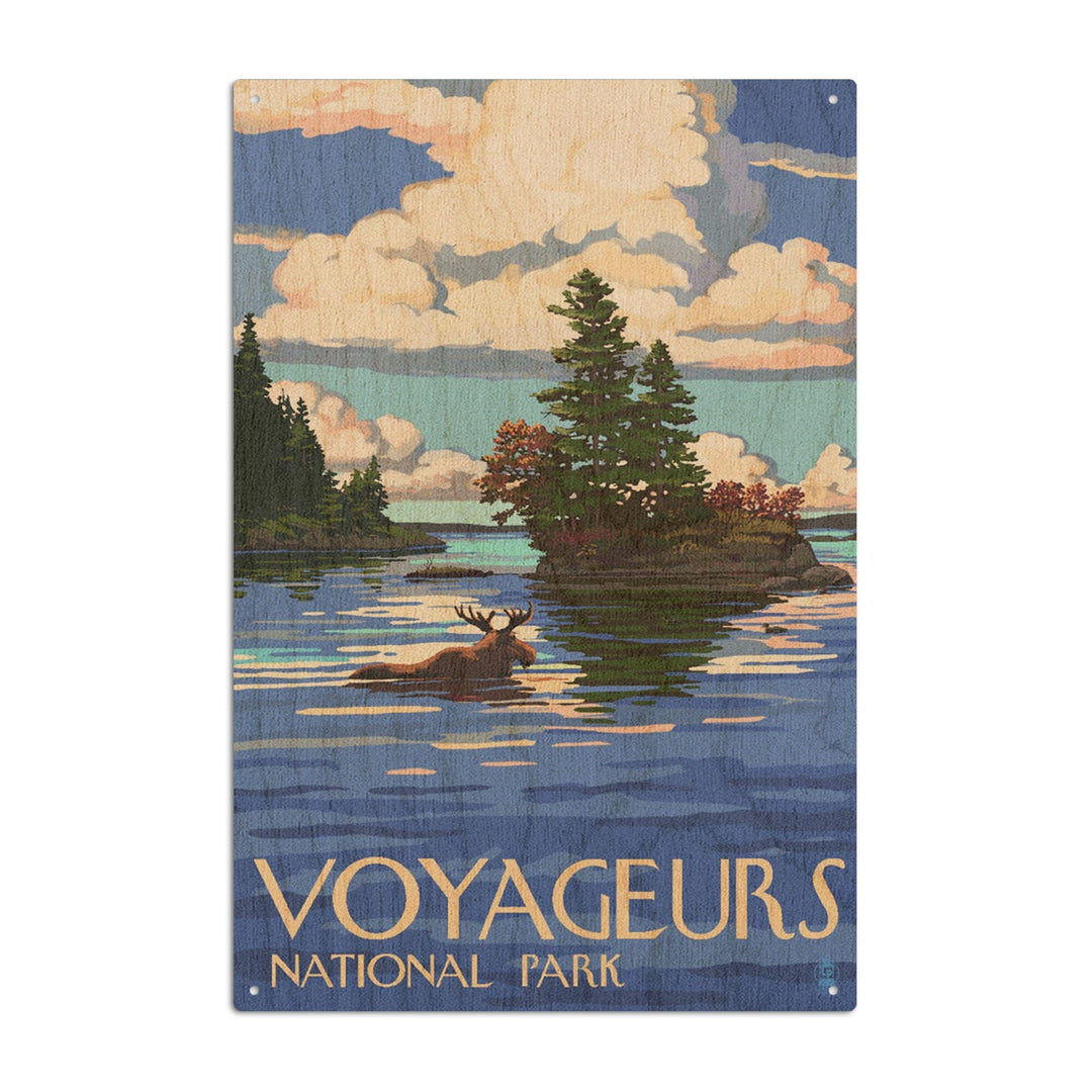 Voyageurs National Park, Minnesota, Moose Swimming, Lantern Press Artwork, Wood Signs and Postcards Wood Lantern Press 6x9 Wood Sign