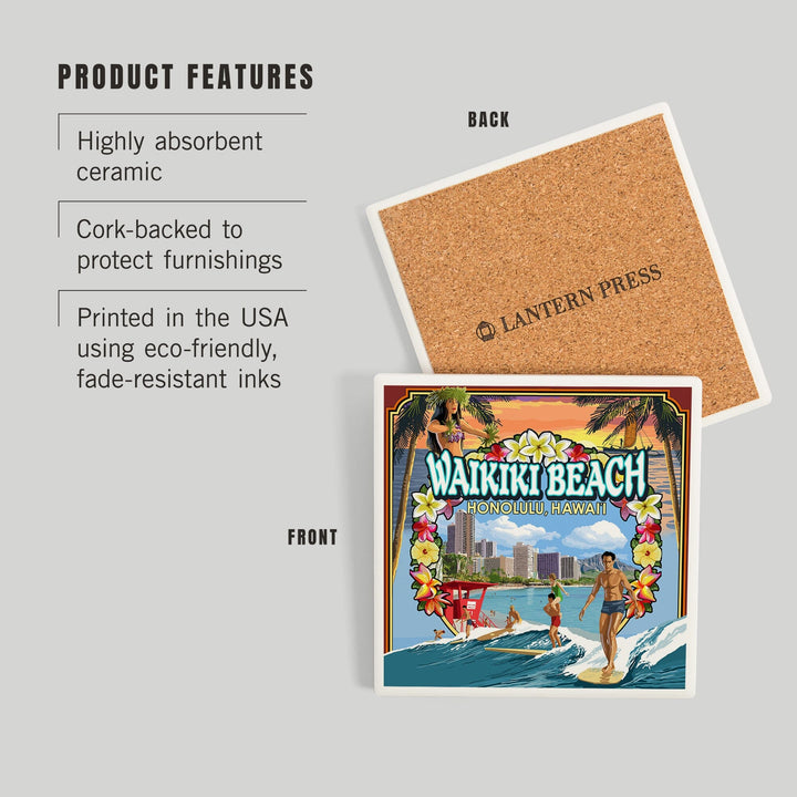 Waikiki Beach, Oahu, Hawaii, Scenes, Coasters Coasters Lantern Press