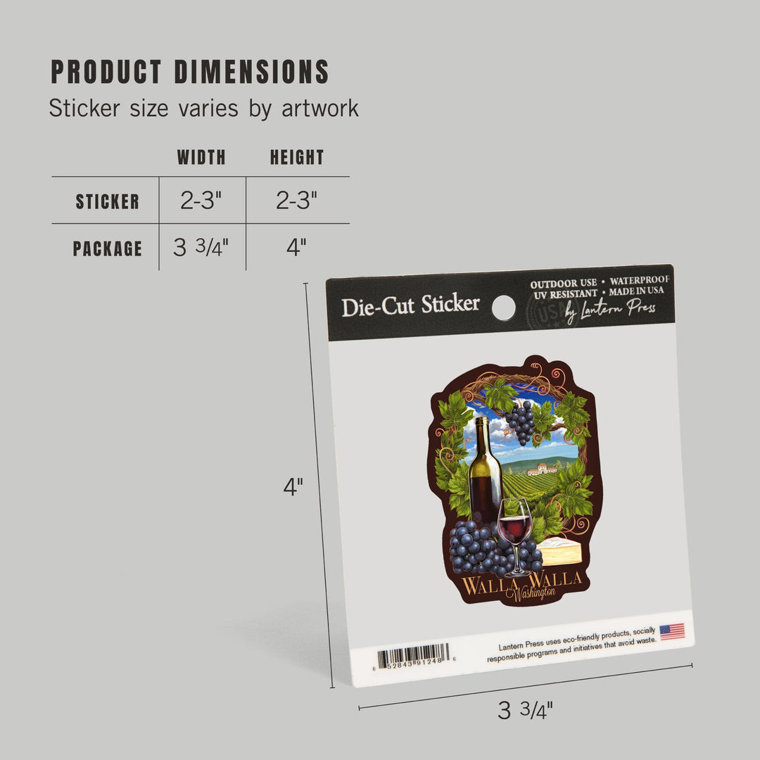 Walla Walla, Washington, Pinot Noir Vineyard Scene, Contour, Lantern Press Artwork, Vinyl Sticker Sticker Lantern Press