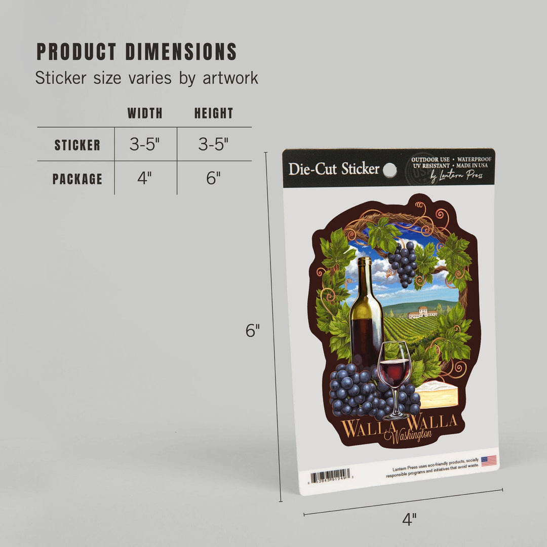 Walla Walla, Washington, Pinot Noir Vineyard Scene, Contour, Lantern Press Artwork, Vinyl Sticker Sticker Lantern Press