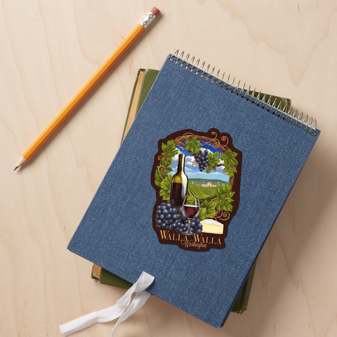 Walla Walla, Washington, Pinot Noir Vineyard Scene, Contour, Lantern Press Artwork, Vinyl Sticker Sticker Lantern Press