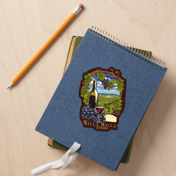 Walla Walla, Washington, Pinot Noir Vineyard Scene, Contour, Lantern Press Artwork, Vinyl Sticker Sticker Lantern Press