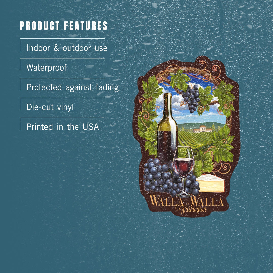 Walla Walla, Washington, Pinot Noir Vineyard Scene, Contour, Lantern Press Artwork, Vinyl Sticker Sticker Lantern Press