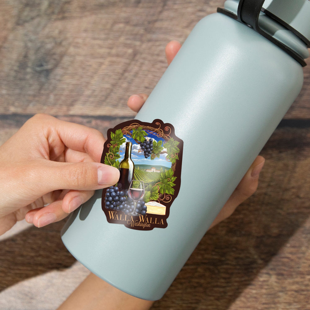 Walla Walla, Washington, Pinot Noir Vineyard Scene, Contour, Lantern Press Artwork, Vinyl Sticker Sticker Lantern Press