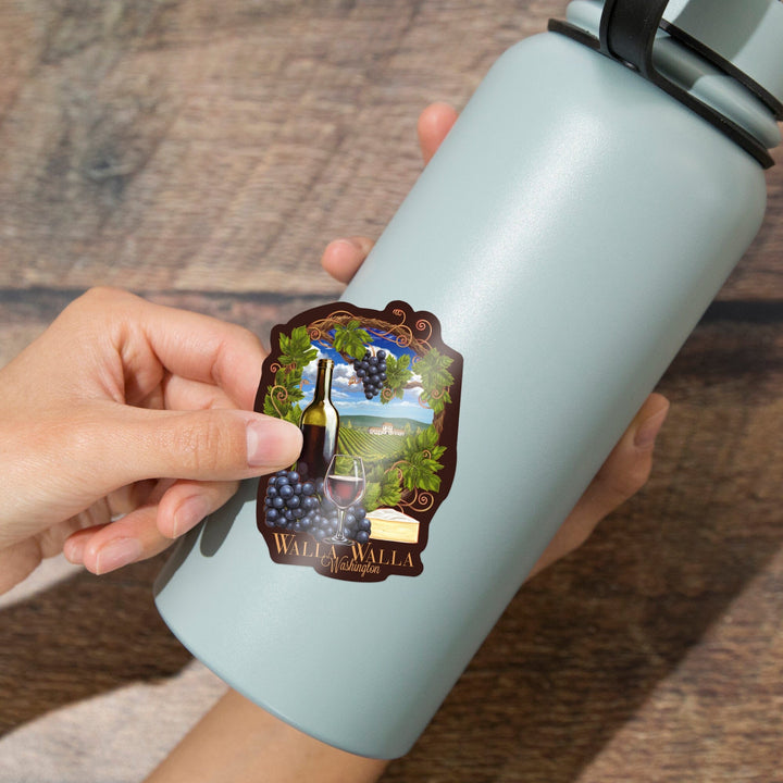 Walla Walla, Washington, Pinot Noir Vineyard Scene, Contour, Lantern Press Artwork, Vinyl Sticker Sticker Lantern Press