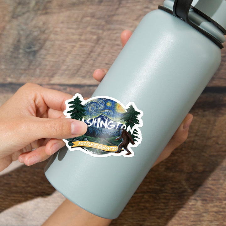 Washington, Bigfoot Country, Starry Night, Contour, Lantern Press Artwork, Vinyl Sticker Sticker Lantern Press