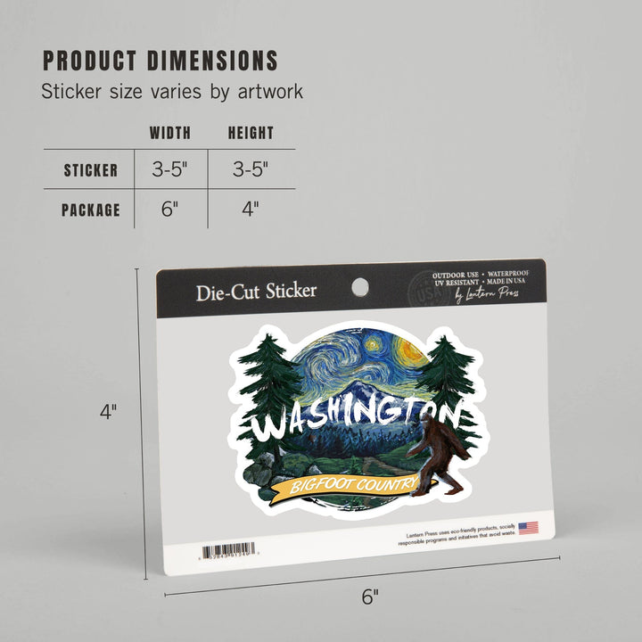 Washington, Bigfoot Country, Starry Night, Contour, Lantern Press Artwork, Vinyl Sticker Sticker Lantern Press